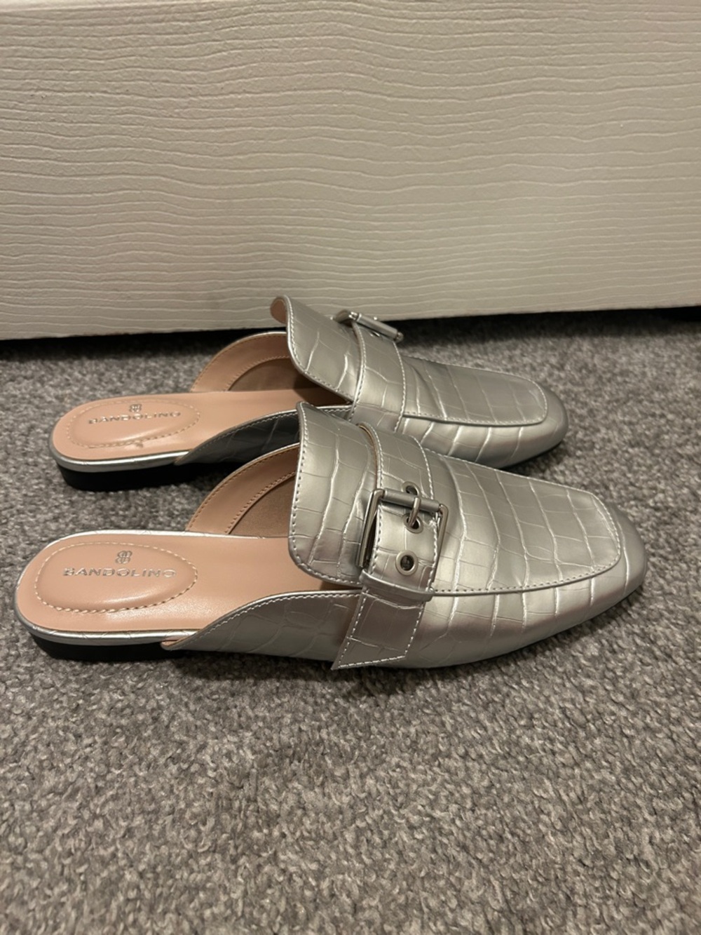 Bandolino Metallic Silver Croc-Embossed Slip-On Mules with Buckle